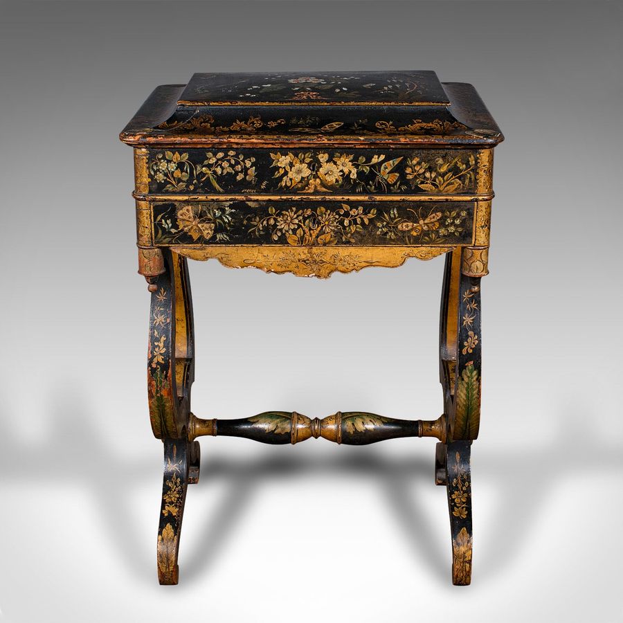 Antique Antique Sewing Table, English, Lacquered, Handpainted, Japanned, Victorian, 1880