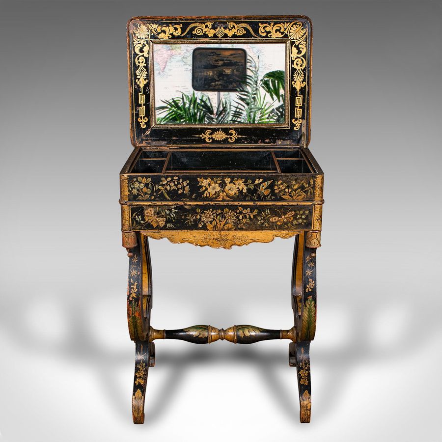 Antique Antique Sewing Table, English, Lacquered, Handpainted, Japanned, Victorian, 1880