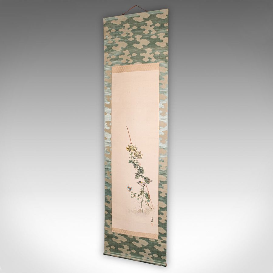 Antique 6' 6'' Tall Antique Scroll Painting, Japanese Art, Silk Cotton, Wall Panel, 1920