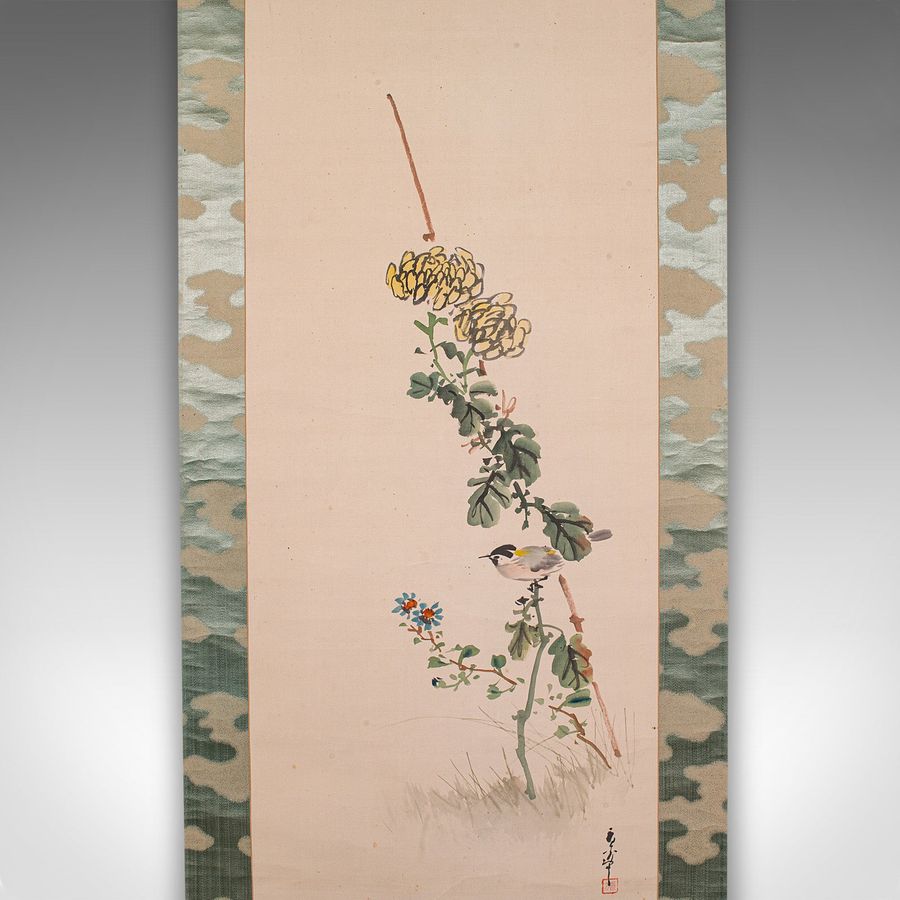 Antique 6' 6'' Tall Antique Scroll Painting, Japanese Art, Silk Cotton, Wall Panel, 1920