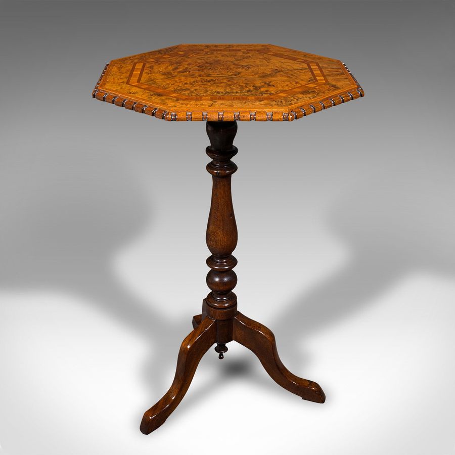 Antique Antique Octagonal Wine Table, English, Burr Walnut, Lamp, Occasional, Victorian