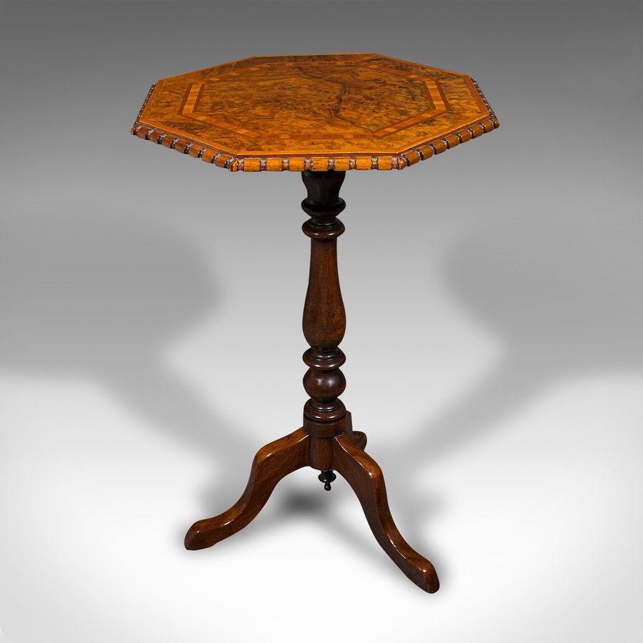 Antique Antique Octagonal Wine Table, English, Burr Walnut, Lamp, Occasional, Victorian