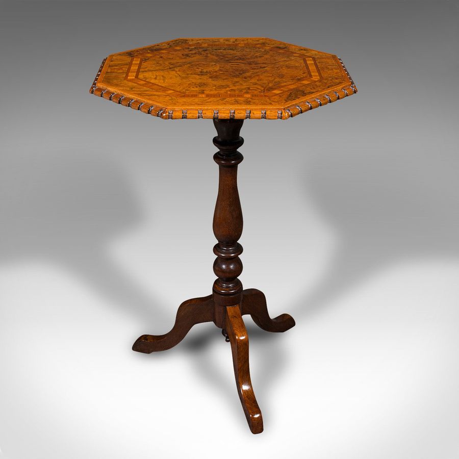 Antique Antique Octagonal Wine Table, English, Burr Walnut, Lamp, Occasional, Victorian