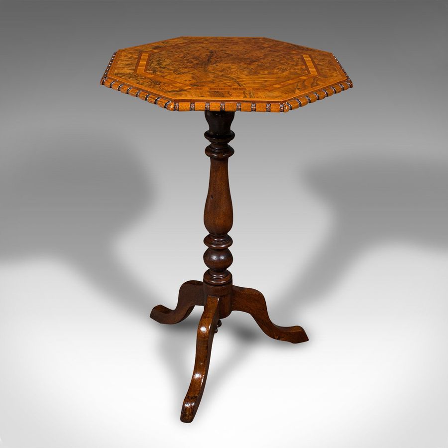 Antique Antique Octagonal Wine Table, English, Burr Walnut, Lamp, Occasional, Victorian