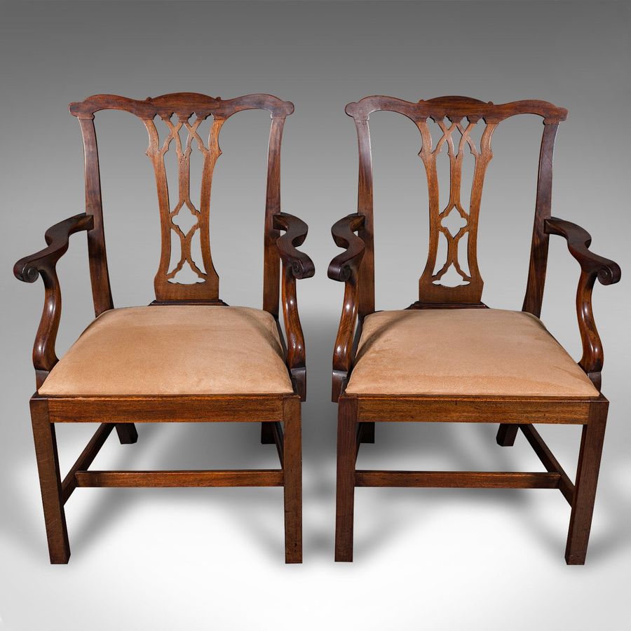 Antique Pair Of Antique Morning Room Elbow Chairs, English, Chippendale Taste, Victorian