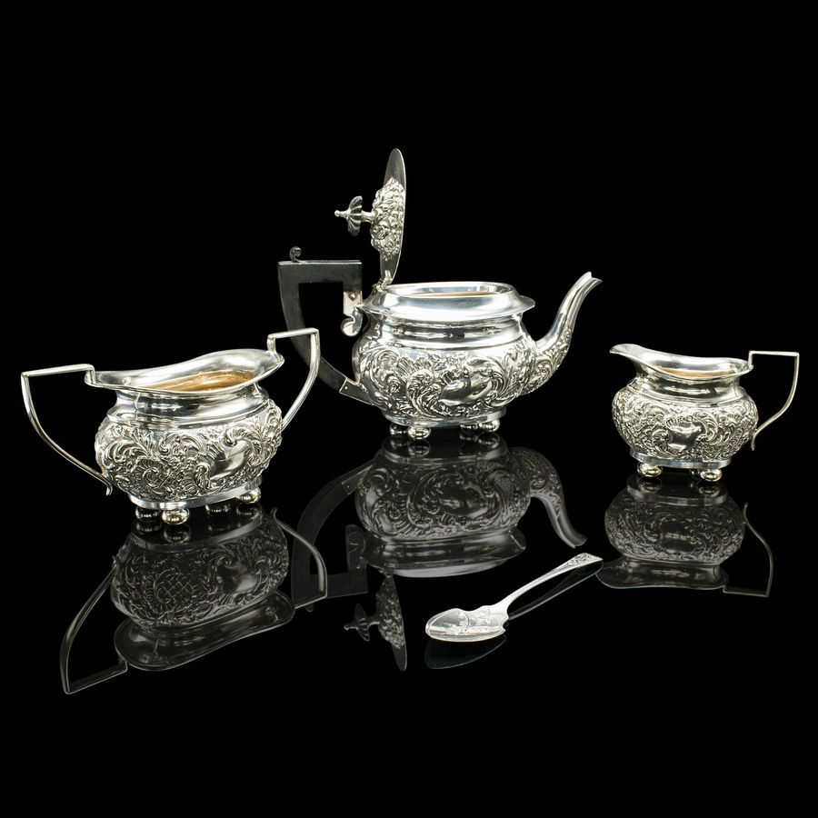 Antique Antique Tea Serving Set, English, Silver Plate, Teapot, Sugar Dish, Edwardian