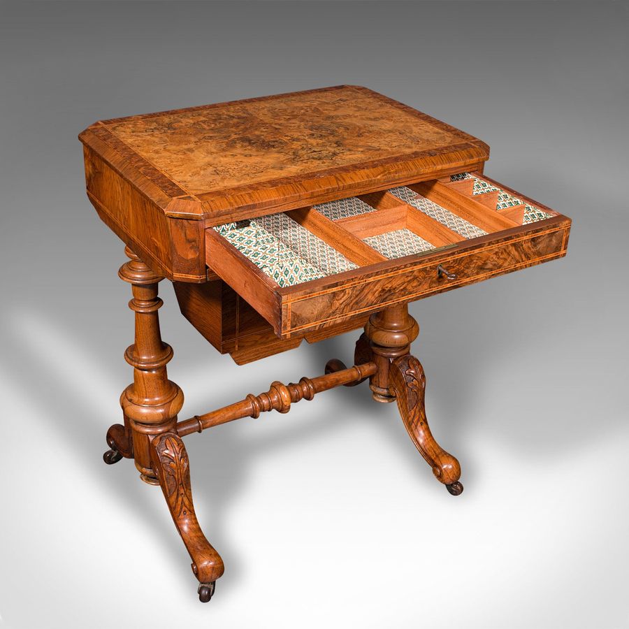 Antique Antique Sewing Table, English, Burr Walnut, Ladies Work Box, Victorian, C.1840