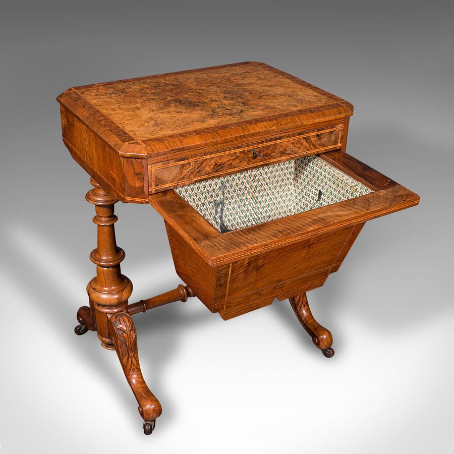 Antique Antique Sewing Table, English, Burr Walnut, Ladies Work Box, Victorian, C.1840