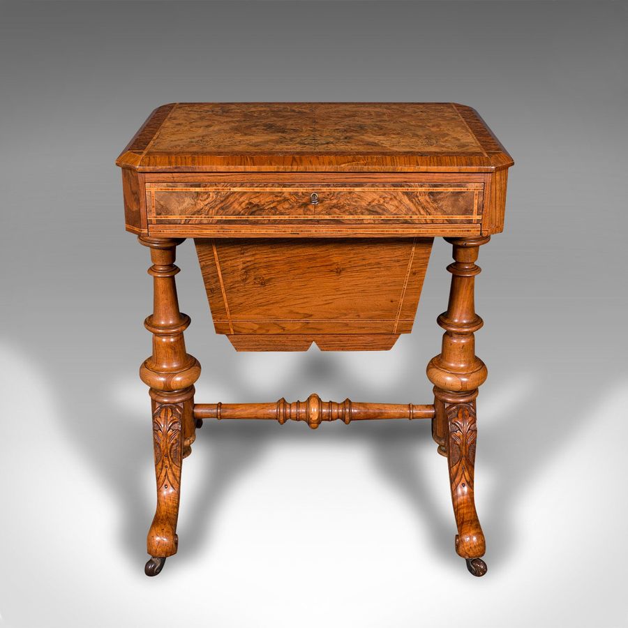 Antique Antique Sewing Table, English, Burr Walnut, Ladies Work Box, Victorian, C.1840