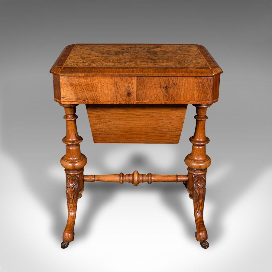 Antique Antique Sewing Table, English, Burr Walnut, Ladies Work Box, Victorian, C.1840