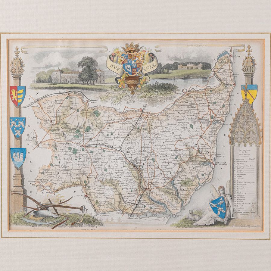 Antique Antique County Map, Suffolk, English, Framed Lithograph, Cartography, Victorian