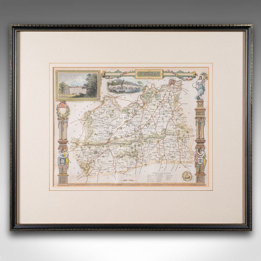 Antique Antique County Map, Surrey, English, Framed Lithograph, Cartography, Victorian