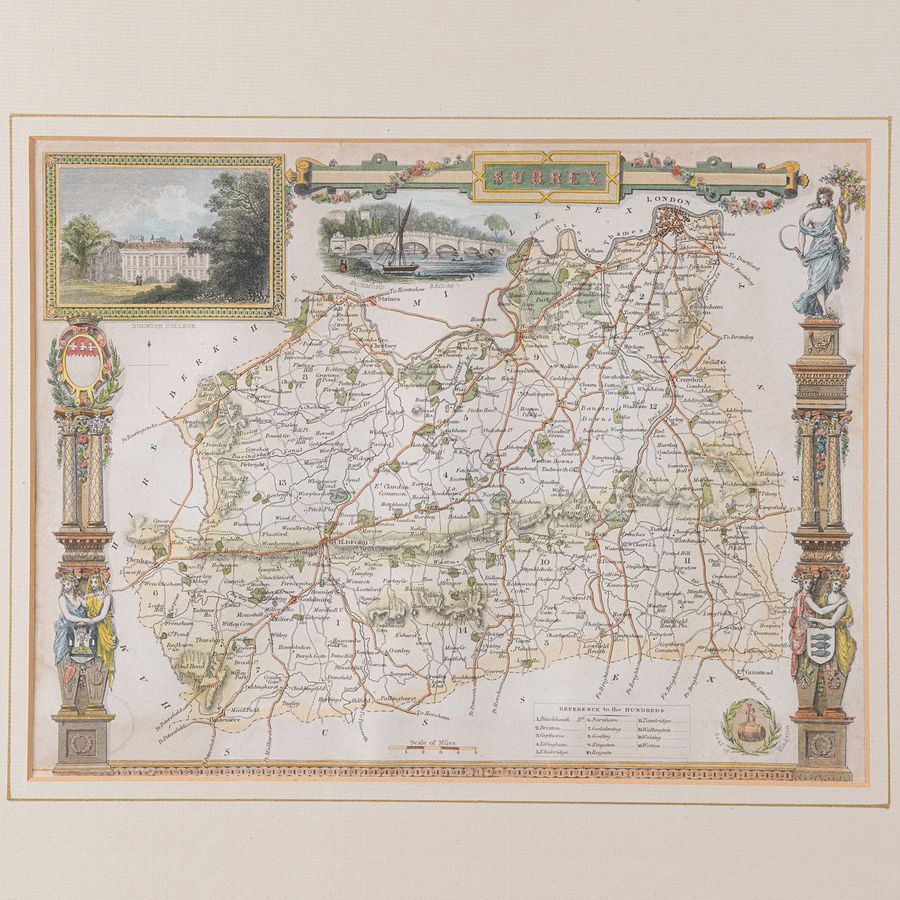 Antique Antique County Map, Surrey, English, Framed Lithograph, Cartography, Victorian