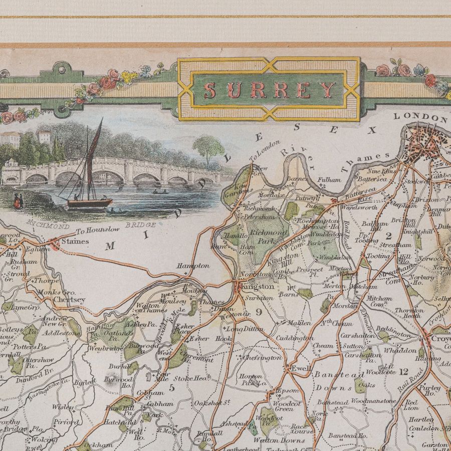 Antique Antique County Map, Surrey, English, Framed Lithograph, Cartography, Victorian