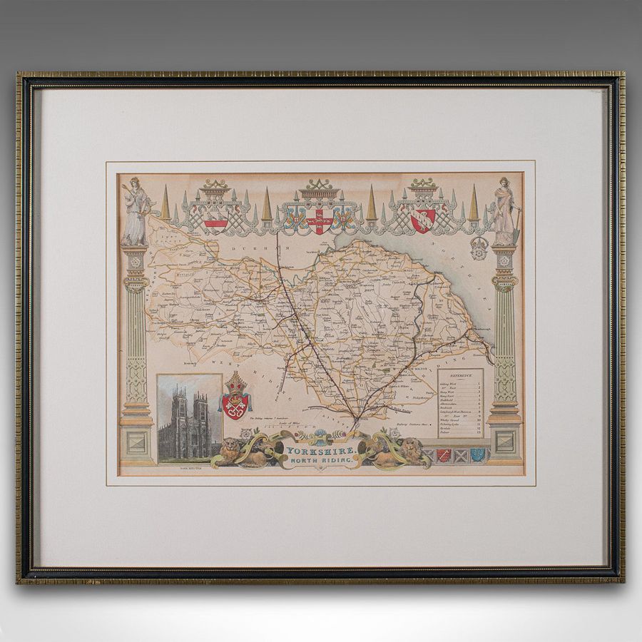 Antique Antique North Yorkshire Map, English, Framed Lithography, Cartography, Victorian