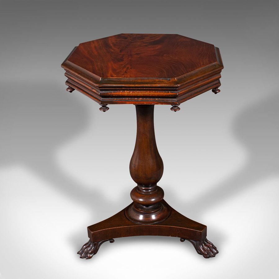 Antique Antique Octagonal Wine Table, English, Flame, Lamp, Side, William IV, Circa 1835