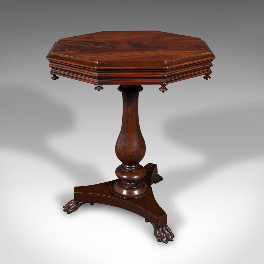 Antique Antique Octagonal Wine Table, English, Flame, Lamp, Side, William IV, Circa 1835