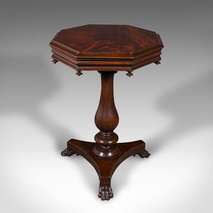 Antique Antique Octagonal Wine Table, English, Flame, Lamp, Side, William IV, Circa 1835