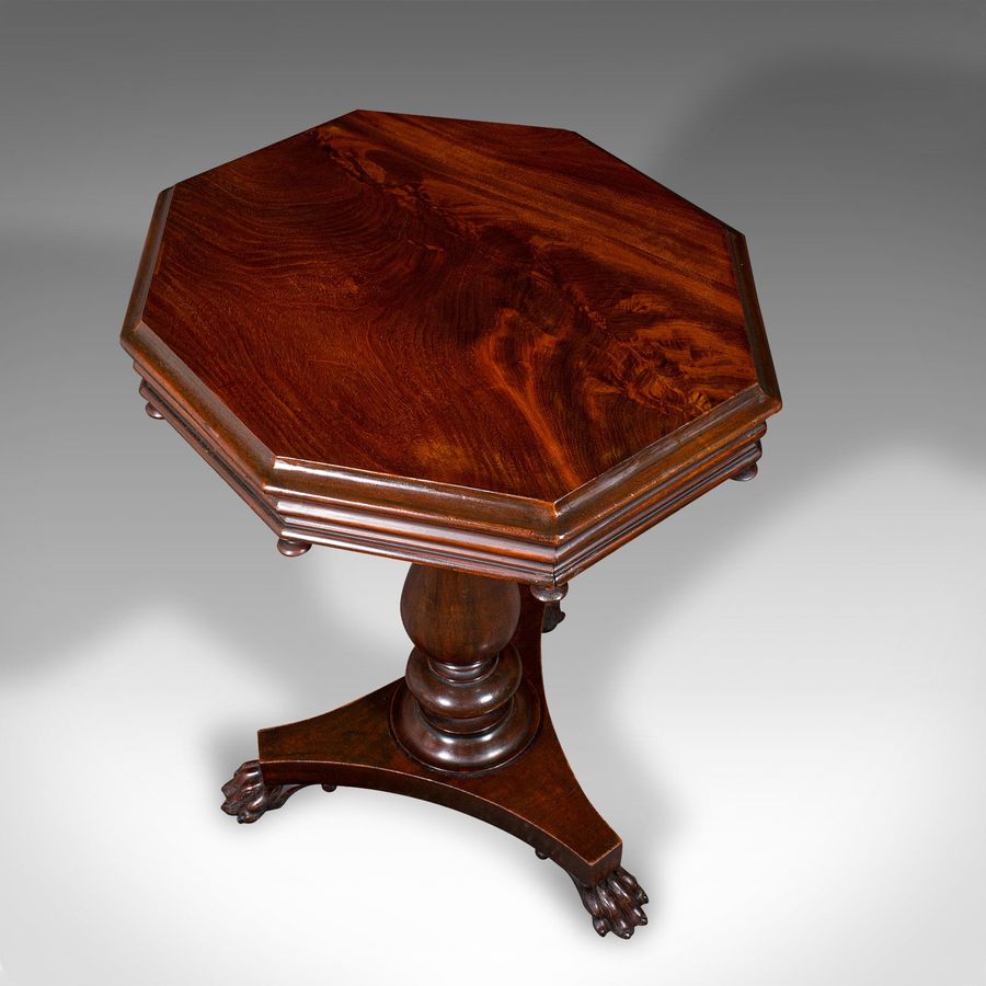 Antique Antique Octagonal Wine Table, English, Flame, Lamp, Side, William IV, Circa 1835