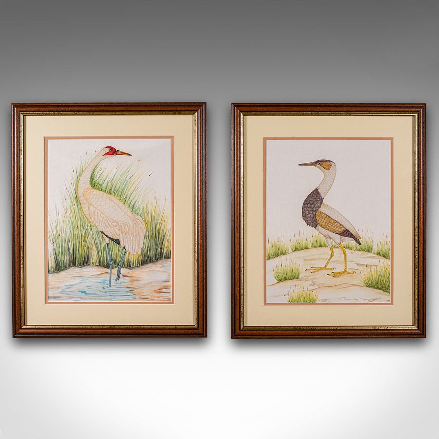 Antique Pair Of Antique Bird Paintings, English, Framed Silk Art, Ornithology, Victorian