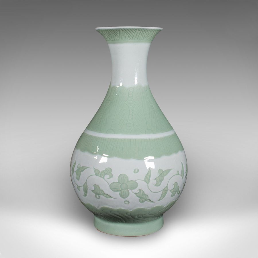 Antique Large Antique Baluster Flower Vase, Chinese, Celadon Ceramic, Bouquet, Victorian