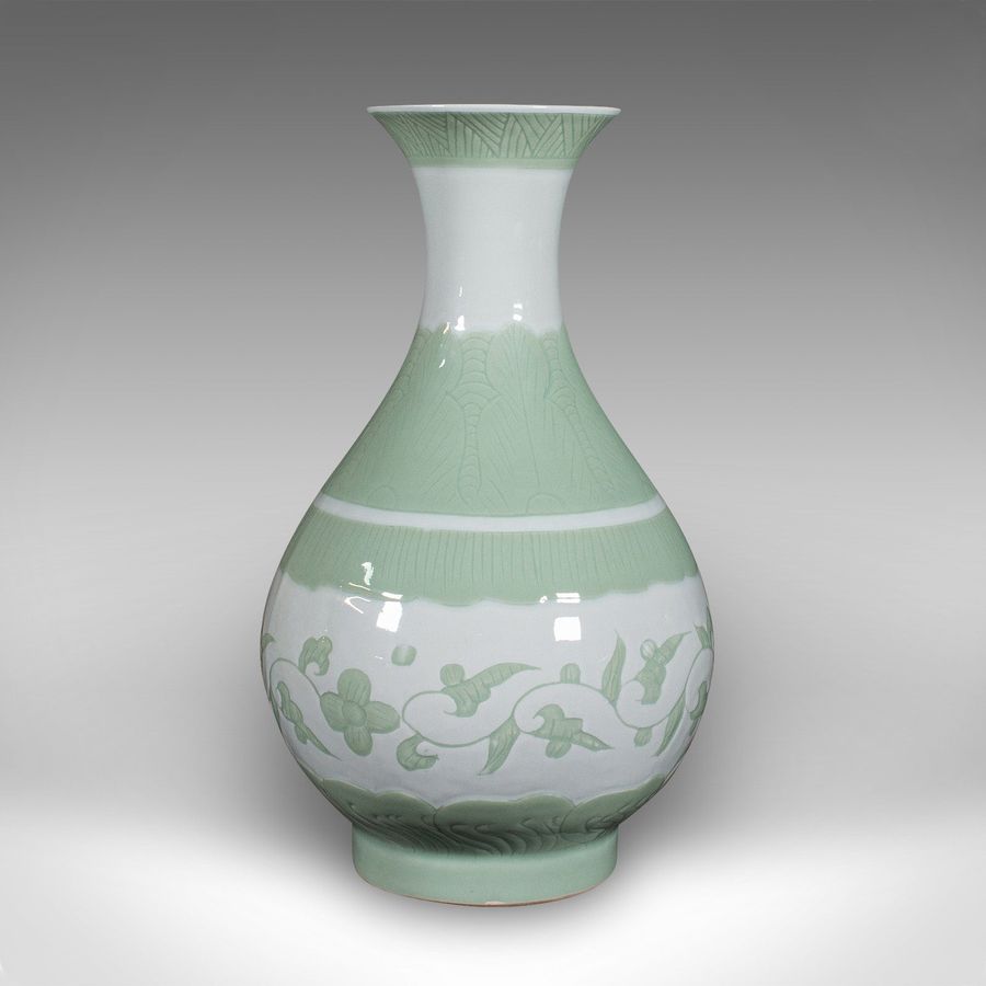 Antique Large Antique Baluster Flower Vase, Chinese, Celadon Ceramic, Bouquet, Victorian