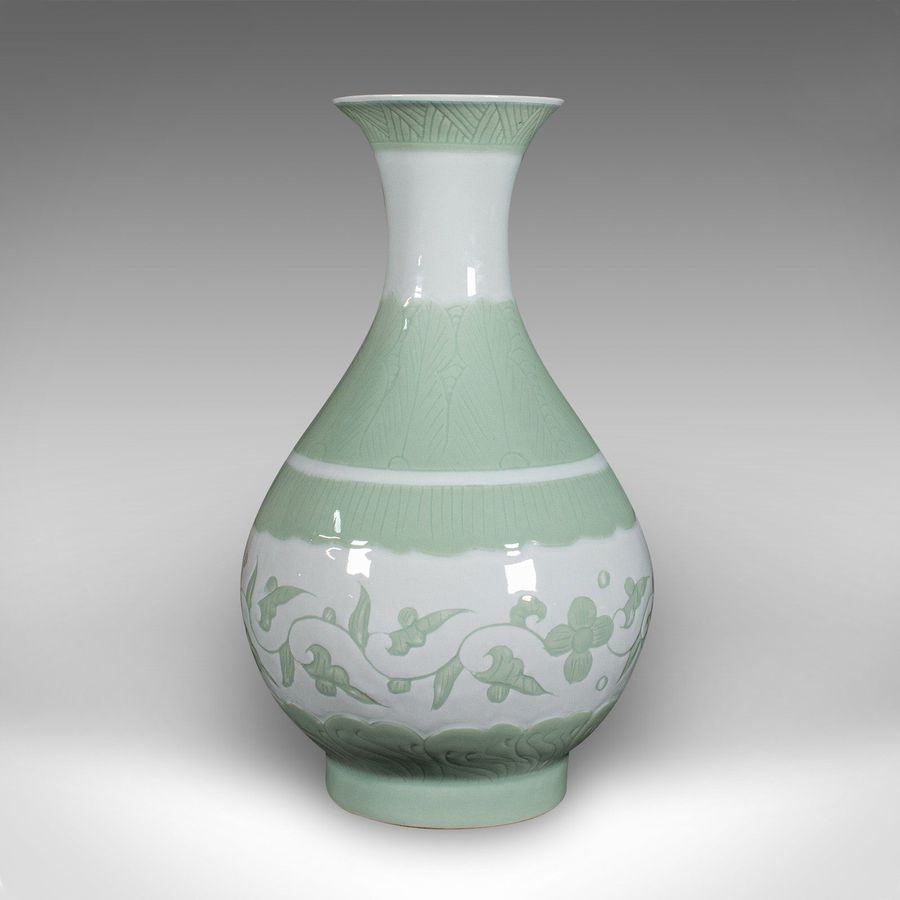 Antique Large Antique Baluster Flower Vase, Chinese, Celadon Ceramic, Bouquet, Victorian