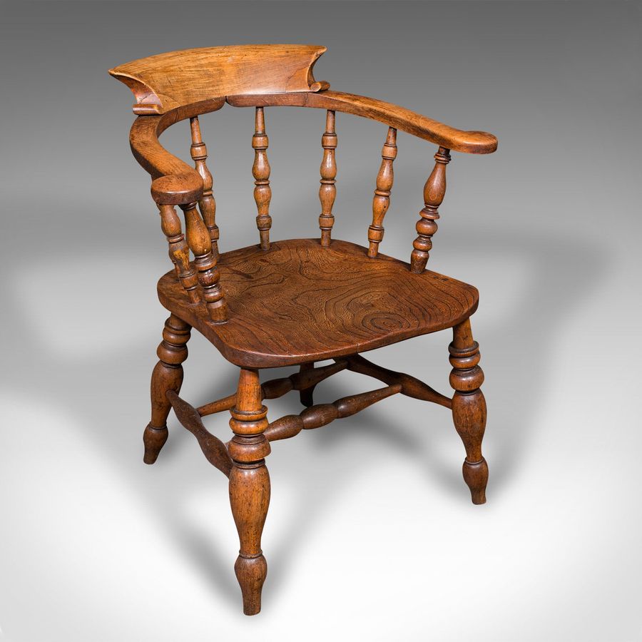 Antique Captain's Chair, English Elm, Beech, Smoker's Bow, Elbow Seat, Victorian