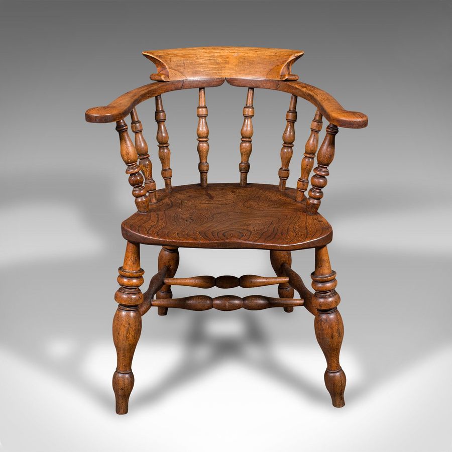 Antique Antique Captain's Chair, English Elm, Beech, Smoker's Bow, Elbow Seat, Victorian