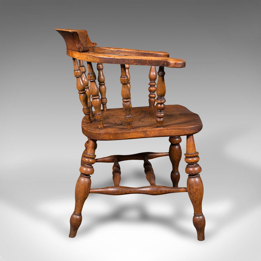 Antique Antique Captain's Chair, English Elm, Beech, Smoker's Bow, Elbow Seat, Victorian