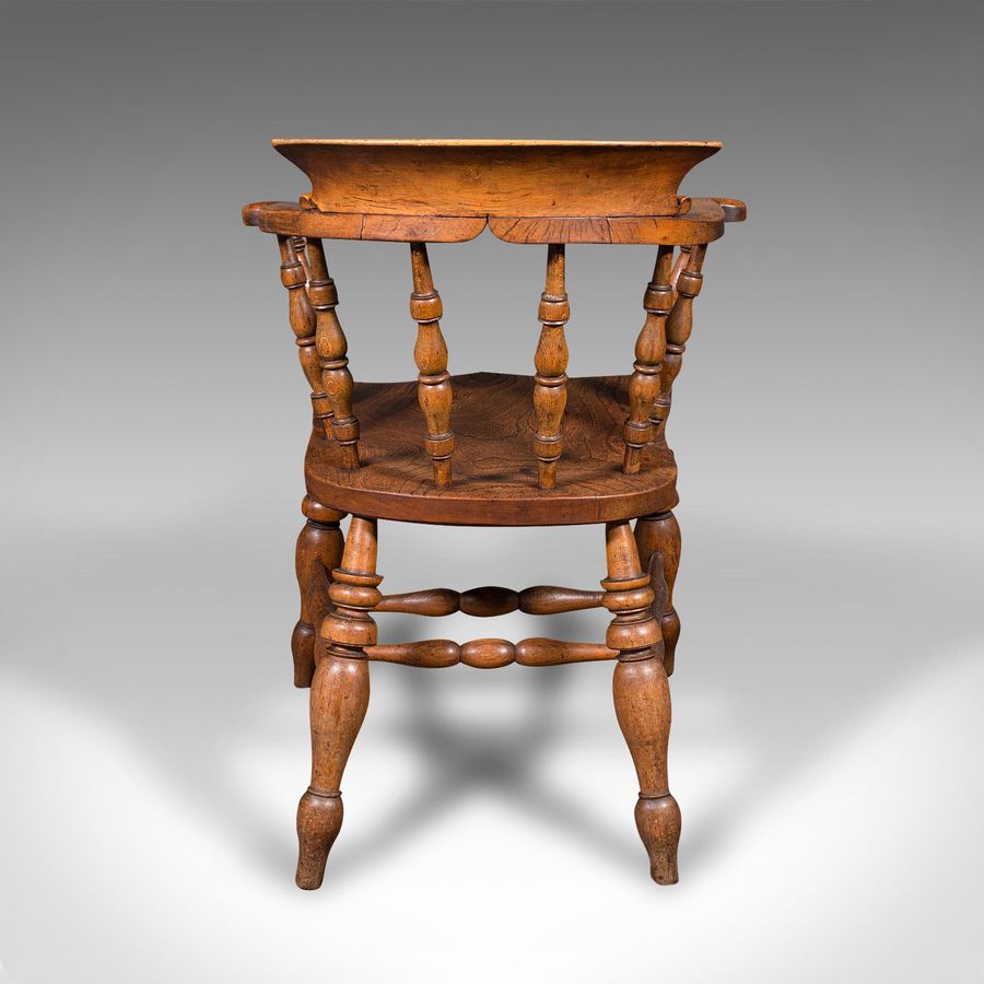 Antique Antique Captain's Chair, English Elm, Beech, Smoker's Bow, Elbow Seat, Victorian