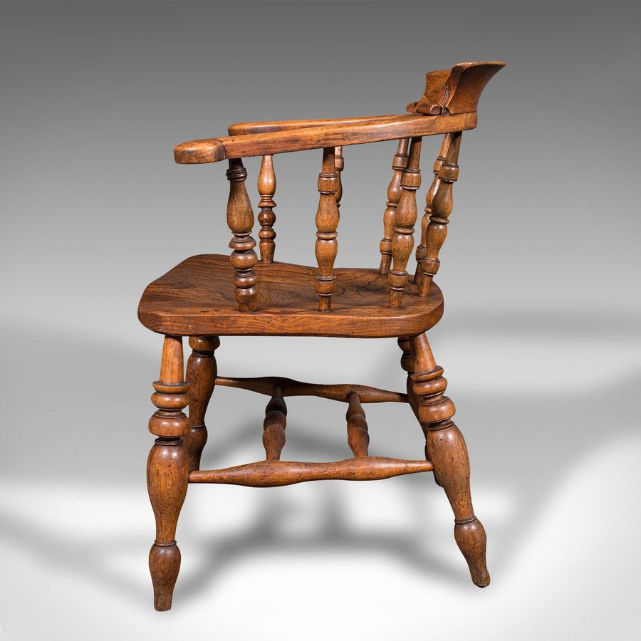 Antique Antique Captain's Chair, English Elm, Beech, Smoker's Bow, Elbow Seat, Victorian