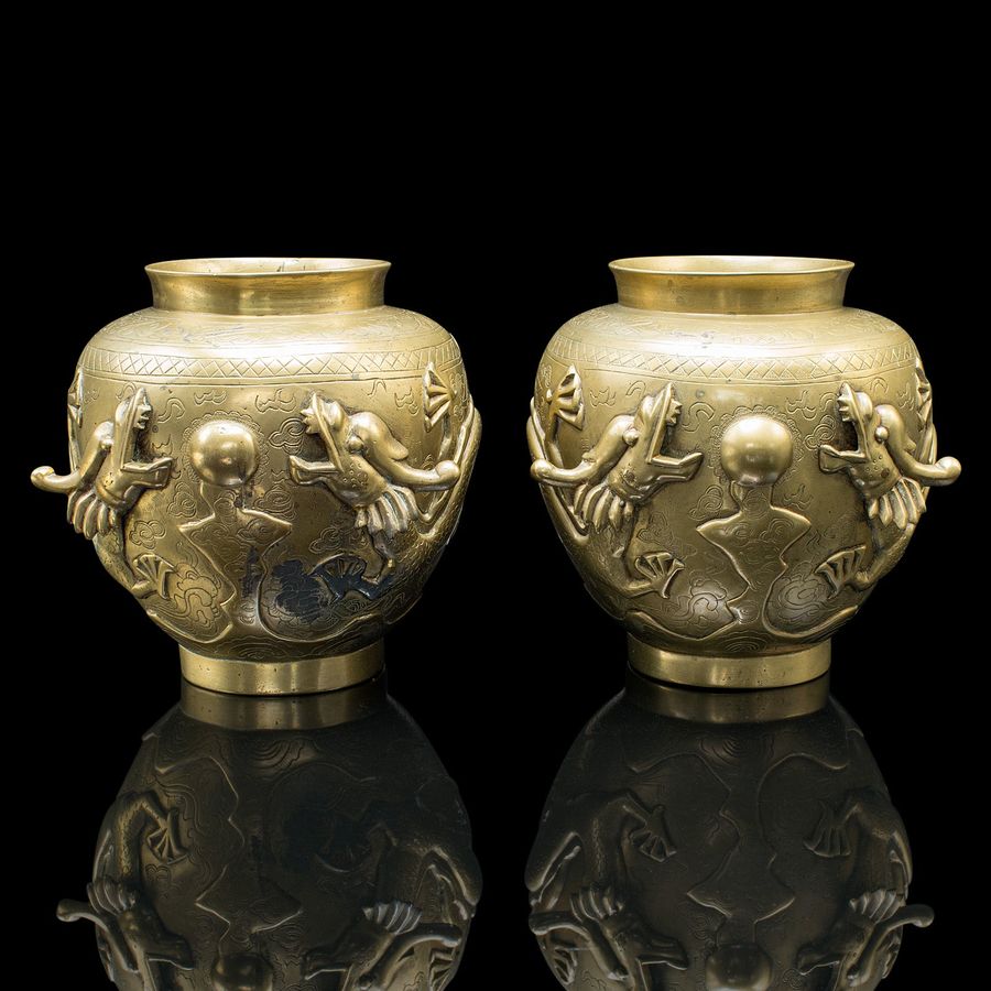 Antique Pair Of Antique Flower Urns, Chinese, Bronze, Decorative Posy Vase, Victorian