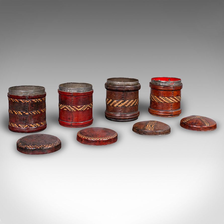 Antique Set Of 4 Antique Storage Tins, English, Morocco Leather, Cigarette Pot, C.1920