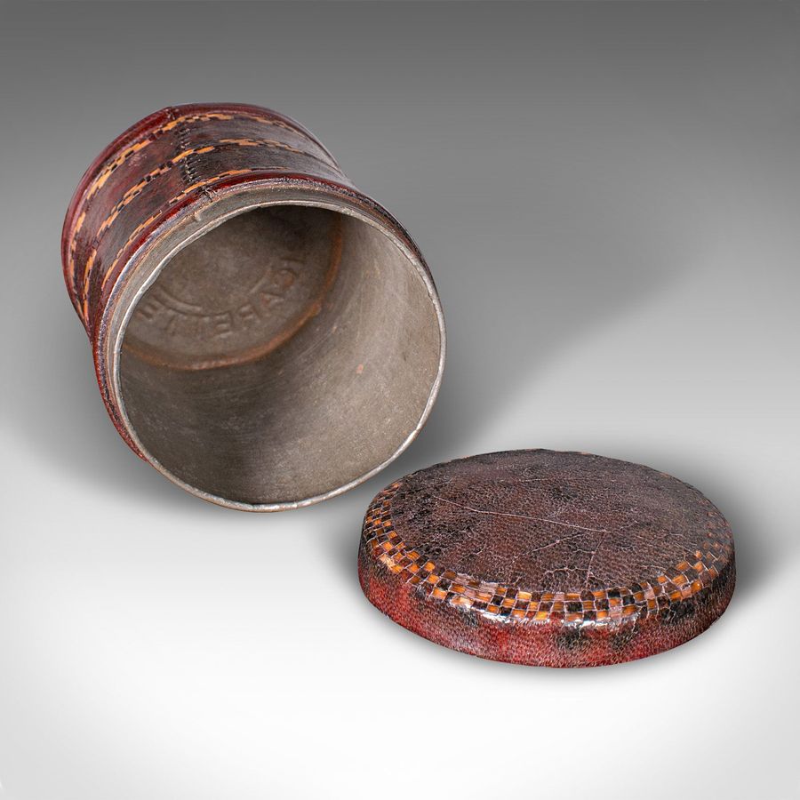 Antique Set Of 4 Antique Storage Tins, English, Morocco Leather, Cigarette Pot, C.1920