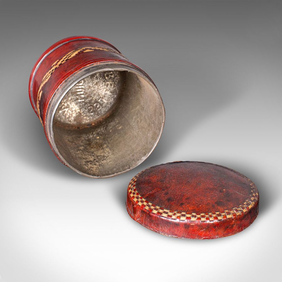 Antique Set Of 4 Antique Storage Tins, English, Morocco Leather, Cigarette Pot, C.1920