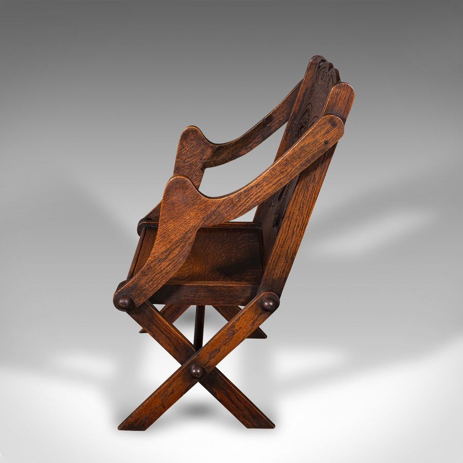 Antique Antique Glastonbury Chair, Welsh Oak, Gothic Revival Elbow Seat, Victorian, 1880