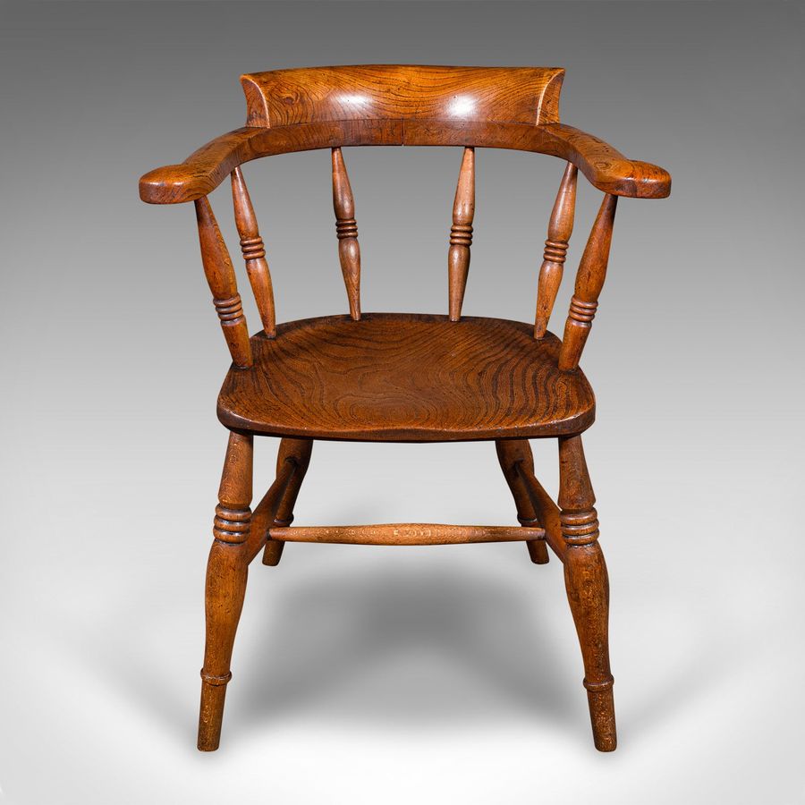 Antique Antique Captain's Desk Chair, English, Elm, Smoker's Bow, Elbow Seat, Victorian