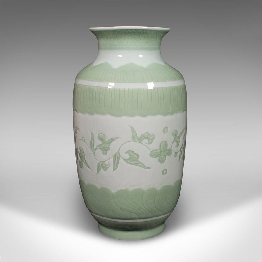 Antique Large Antique Flower Bouquet Vase, Chinese, Celadon Ceramic Urn, Victorian, 1900