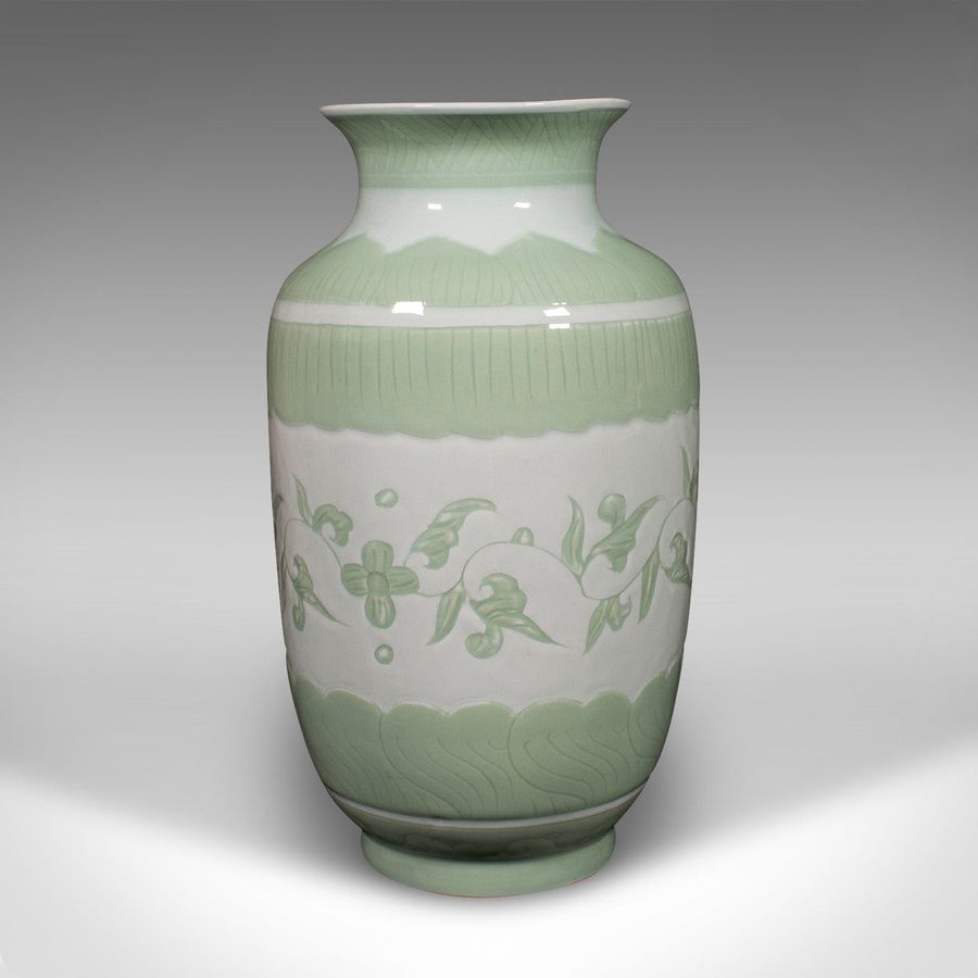 Antique Large Antique Flower Bouquet Vase, Chinese, Celadon Ceramic Urn, Victorian, 1900