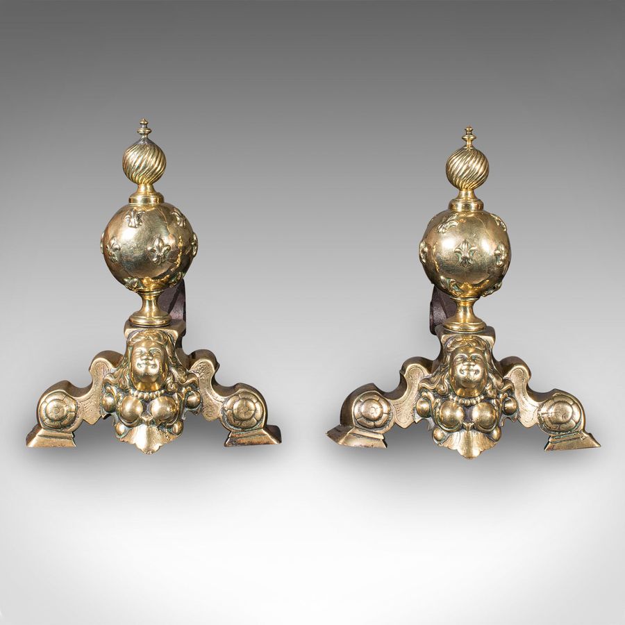 Antique Pair Of Antique Fireside Andirons, French Brass, Chenet, Firedog, Georgian, 1750