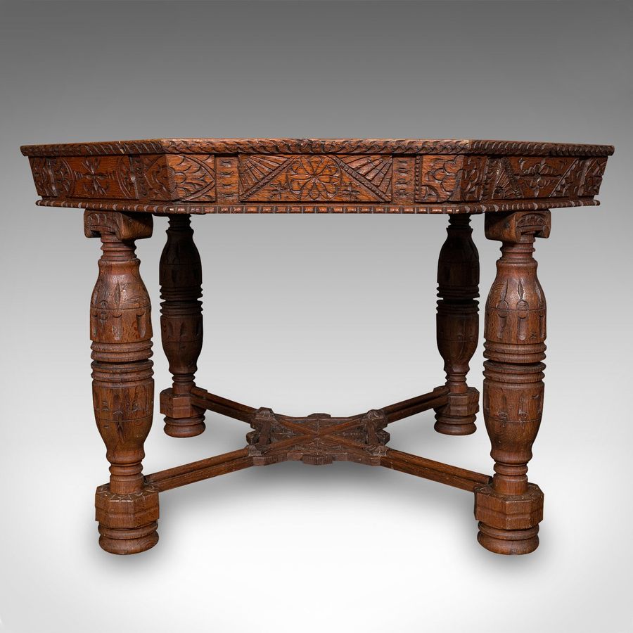 Antique Antique Octagonal Centre Table, Scottish Oak, 4 Seat, Gothic Revival, Victorian