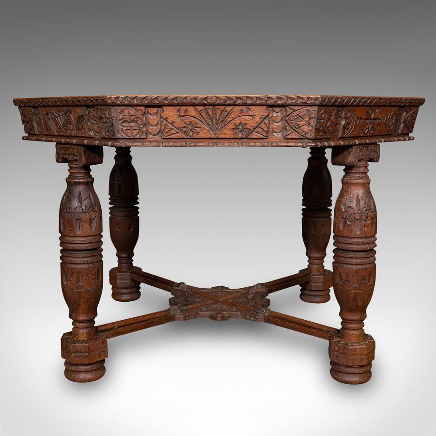 Antique Antique Octagonal Centre Table, Scottish Oak, 4 Seat, Gothic Revival, Victorian