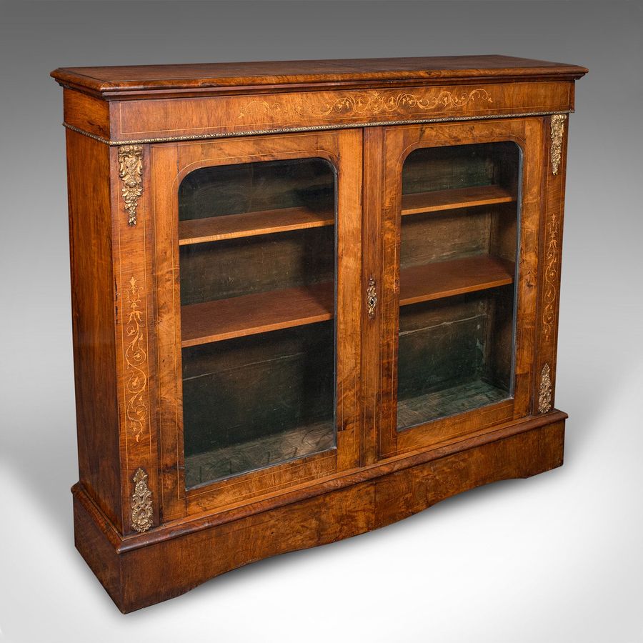 Antique Twin Pier Cabinet, English, Walnut, Boxwood, Glazed Bookcase, Regency