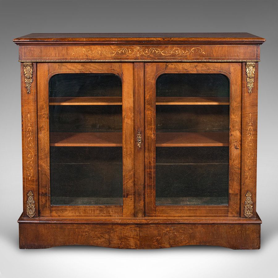 Antique Antique Twin Pier Cabinet, English, Walnut, Boxwood, Glazed Bookcase, Regency