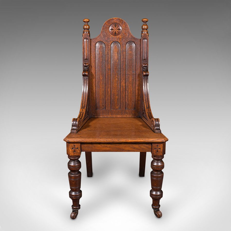 Antique Antique Gothic Revival Hall Chair, Scottish Oak, Reception Seat, Victorian, 1870