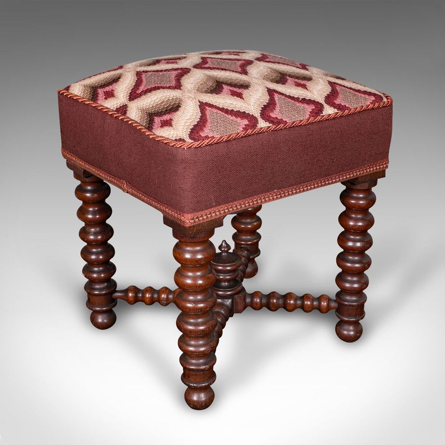 Antique Upholstered Footstool, English, Fireside, Lounge Stool, Victorian, 1850