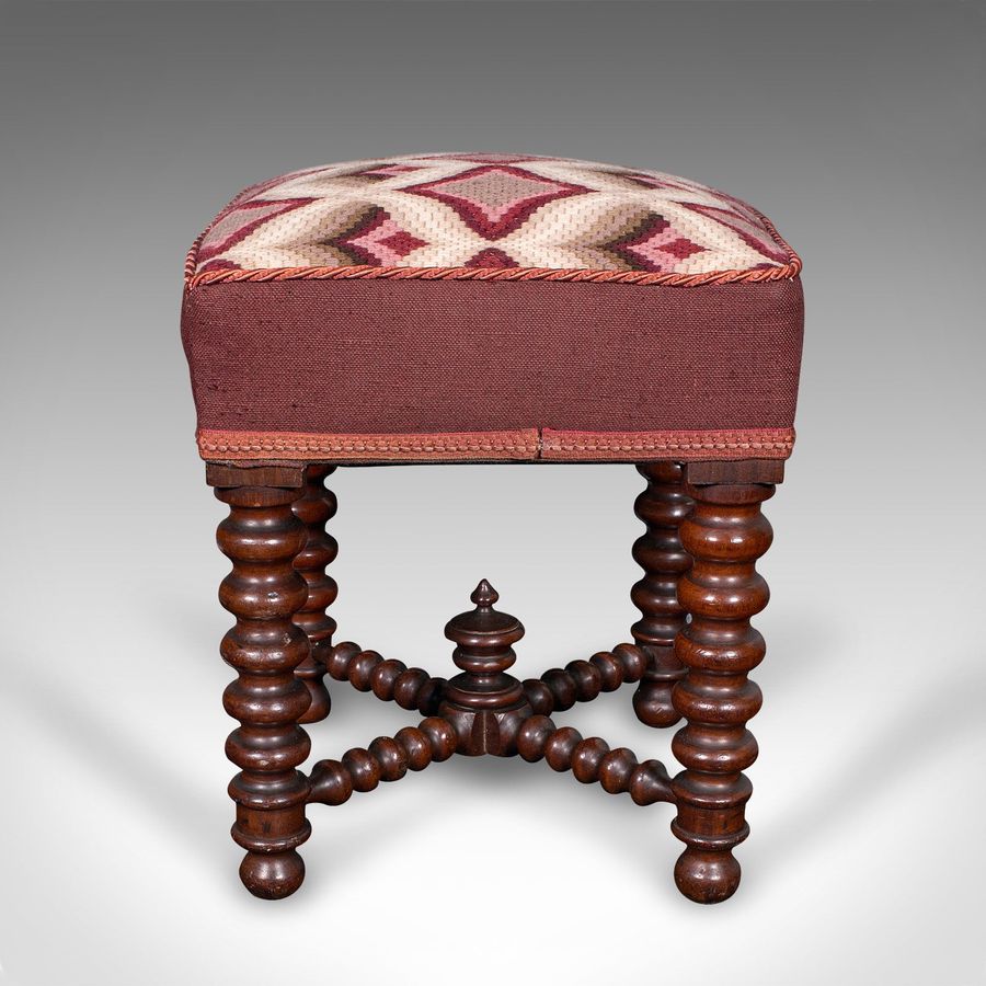 Antique Antique Upholstered Footstool, English, Fireside, Lounge Stool, Victorian, 1850