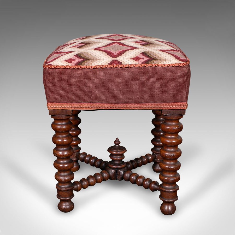 Antique Antique Upholstered Footstool, English, Fireside, Lounge Stool, Victorian, 1850