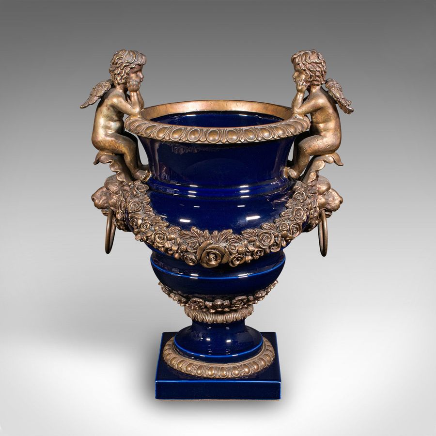 Antique Antique Putti Jardiniere Urn, Italian, Gilt, Ceramic, Planter, Vase, Victorian